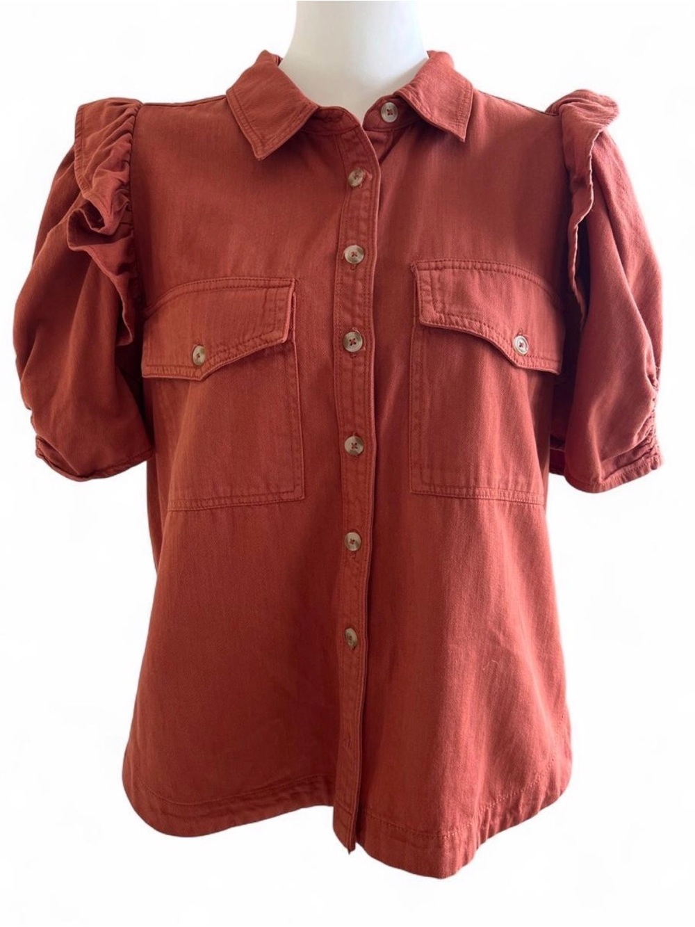 Pilcro Anthropologie Terracotta Rust Puff Sleeve Button Down Top Size Medium